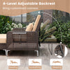 Adjustable backrest of the brown rattan loveseat and ottoman set, ideal for backyard relaxation and sunbathing.