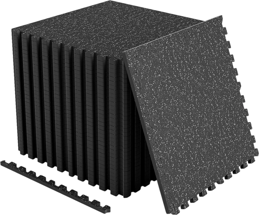 Interlocking rubber top exercise mats in gray, 0.39 inch thick, provide 48 sq.ft coverage for home gym use.