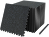 Interlocking rubber top exercise mats in black with blue speckles provide 96 sq.ft of cushioned support for workouts.