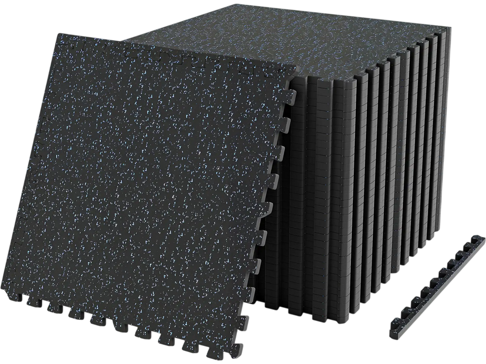 Interlocking rubber top exercise mats in black with blue speckles provide 96 sq.ft of cushioned support for workouts.