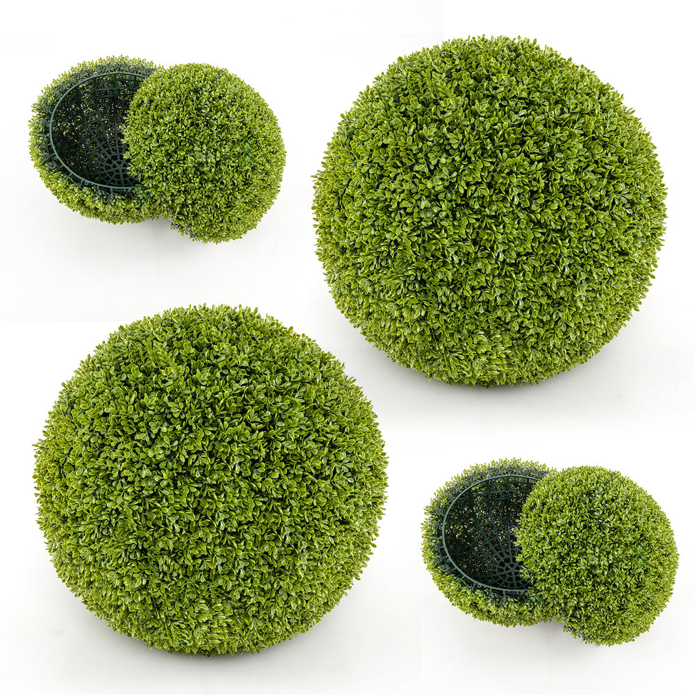Two 20-inch artificial sun-protective topiary spheres with vibrant boxwood leaves for patio or garden decoration.
