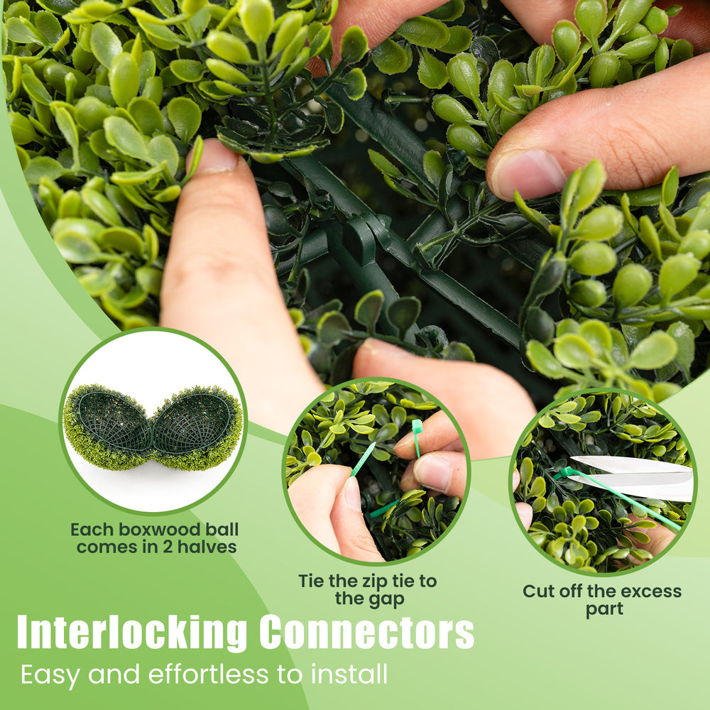 Interlocking connectors for 20-inch artificial boxwood spheres, easy to install for patio or garden decoration.