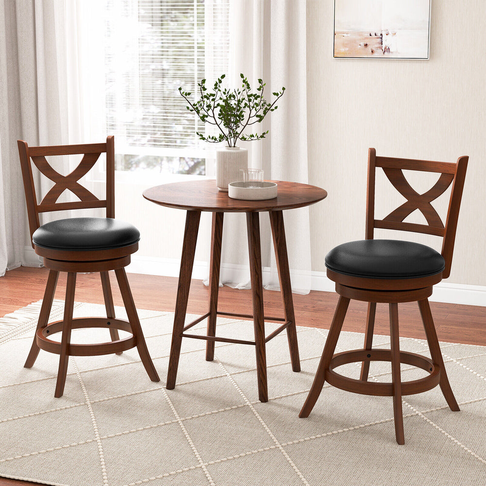 Classic 2-piece swivel bar stool set with X-shaped open back, solid wood frame, and black PVC leather upholstery for.