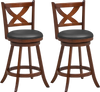 Classic 24-inch swivel bar stool set with X-shaped open back, solid wood frame, and black PVC leather upholstery for.
