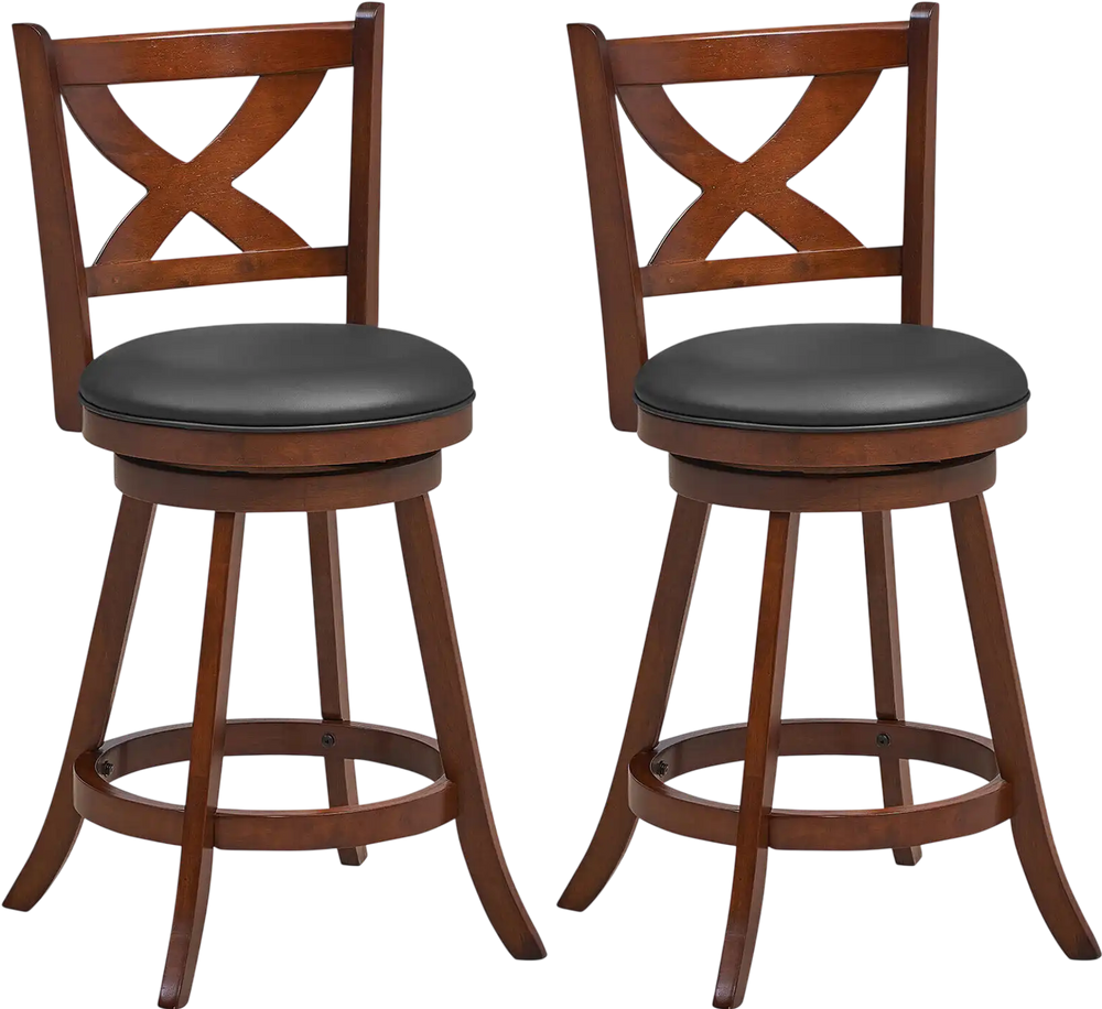 Classic 24-inch swivel bar stool set with X-shaped open back, solid wood frame, and black PVC leather upholstery for.