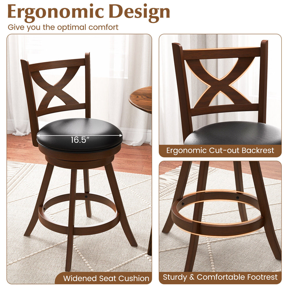 Classic 24-inch swivel bar stool set with ergonomic cut-out back, solid wood frame, and comfortable footrest for.