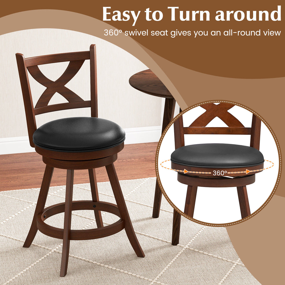 Classic 24-inch swivel bar stool with X-shaped open back, solid wood frame, and ergonomic design for kitchen or bar use.