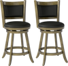 Set of 2 gray 24-inch swivel counter stools with upholstered seats and solid hardwood construction for dining use.