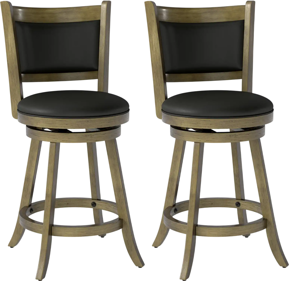 Set of 2 gray 24-inch swivel counter stools with upholstered seats and solid hardwood construction for dining use.