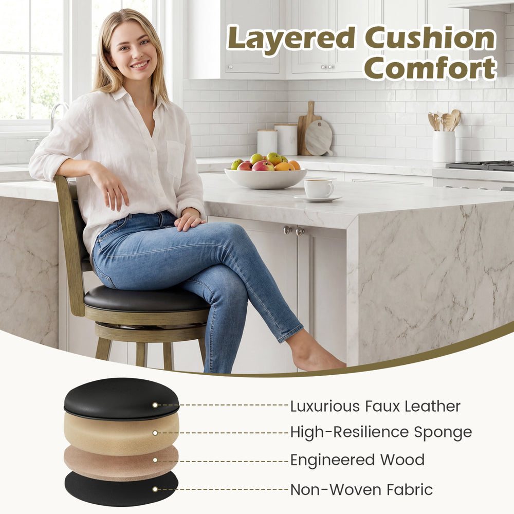 Gray upholstered swivel counter stool with faux leather seat, designed for comfort and easy cleaning in dining areas.