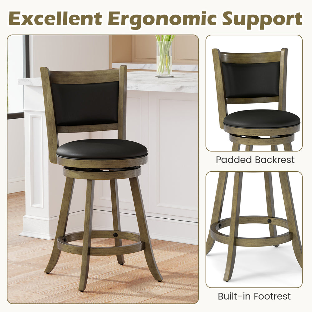 Gray 24-inch swivel counter stool set with padded backrest and built-in footrest, ideal for dining areas.