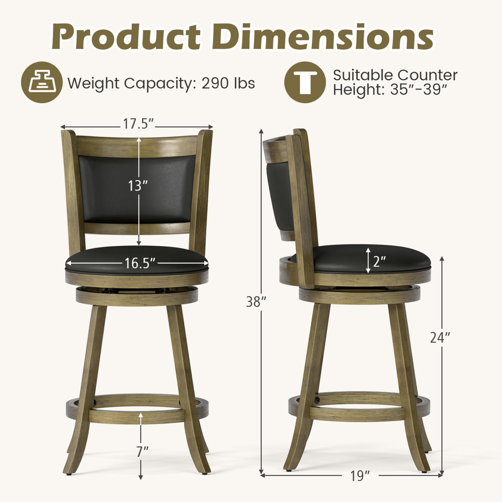 24-inch swivel counter stool with gray upholstered seat, solid hardwood construction, and dimensions for easy placement.