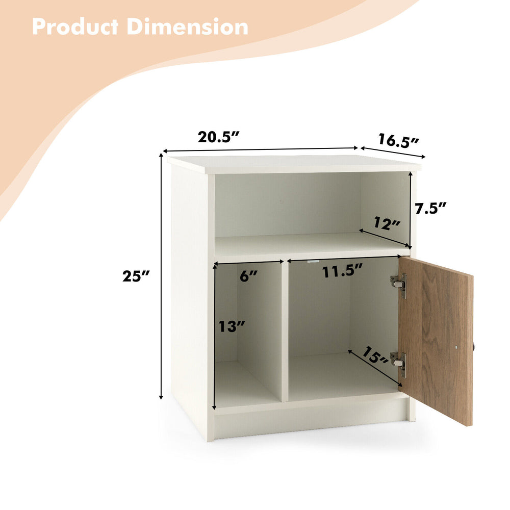 White 25-inch tall nightstand with door and two open shelves, featuring dimensions for easy assembly and organization.