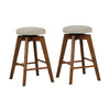 Set of 2 backless swivel barstools with beige linen fabric seats and rubber wood legs, perfect for counter height use.