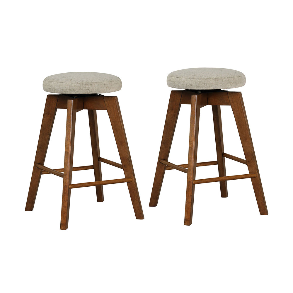 Set of 2 backless swivel barstools with beige linen fabric seats and rubber wood legs, perfect for counter height use.
