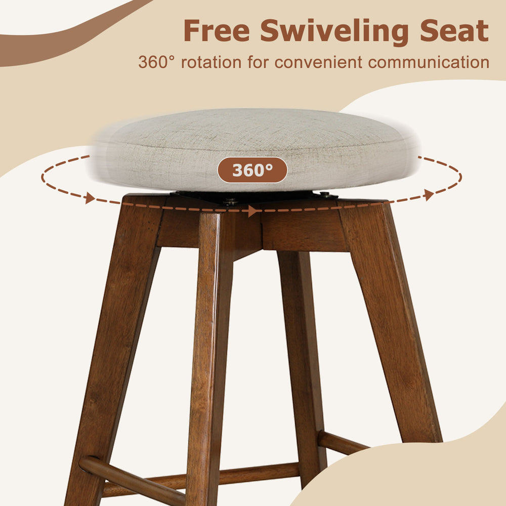 Backless swivel barstool with a beige linen fabric seat and rubber wood legs, perfect for counter height seating.