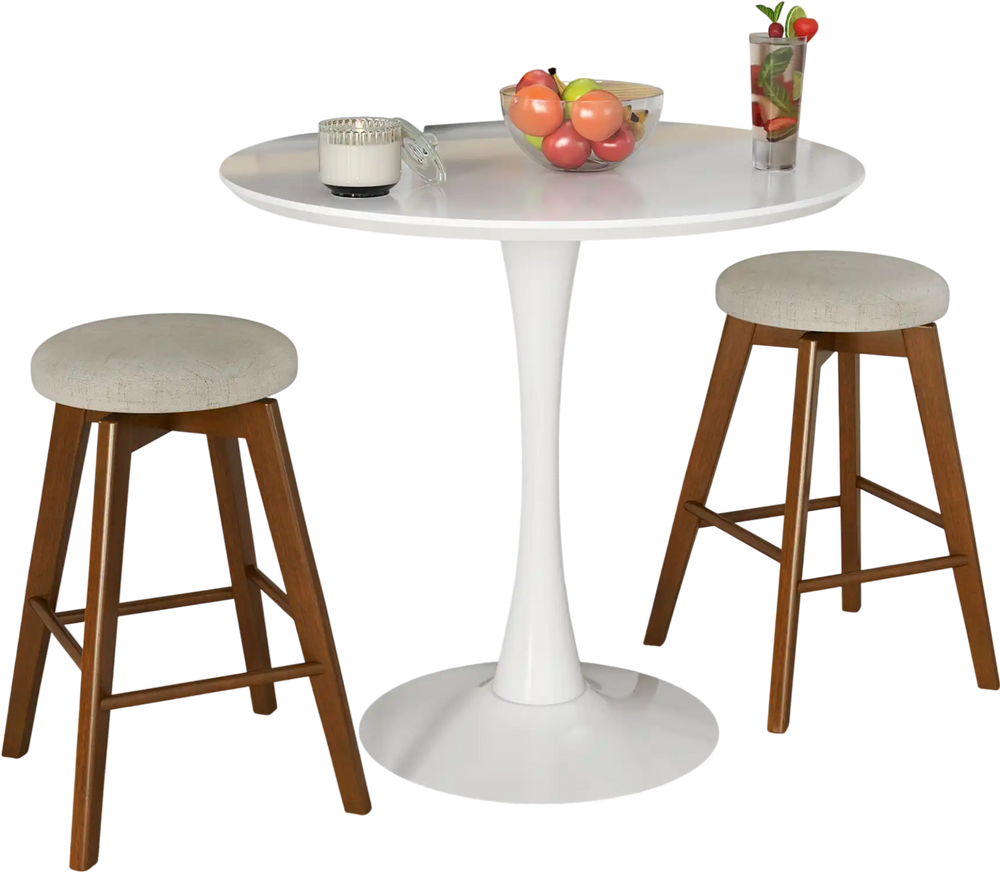 Backless swivel barstools with beige linen fabric seats and rubber wood legs, perfect for counter height use.