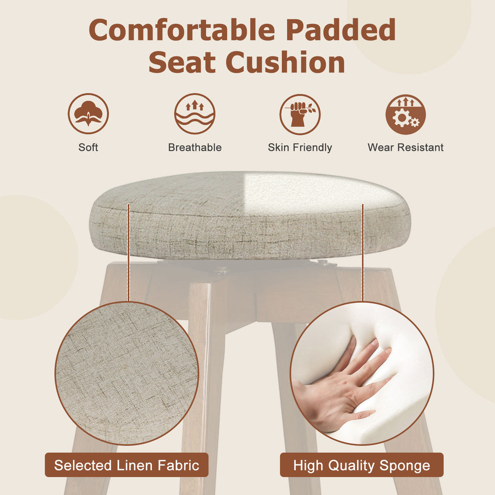 Beige padded seat cushion of a backless swivel bar stool made with linen fabric and high-quality sponge for comfort.