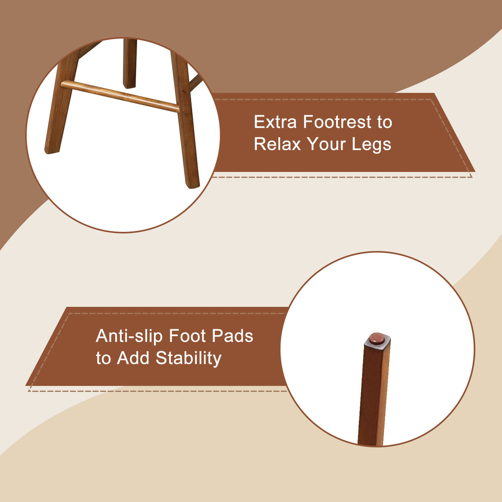 Extra footrest and anti-slip foot pads on the 26-inch backless swivel barstool for enhanced stability and comfort.