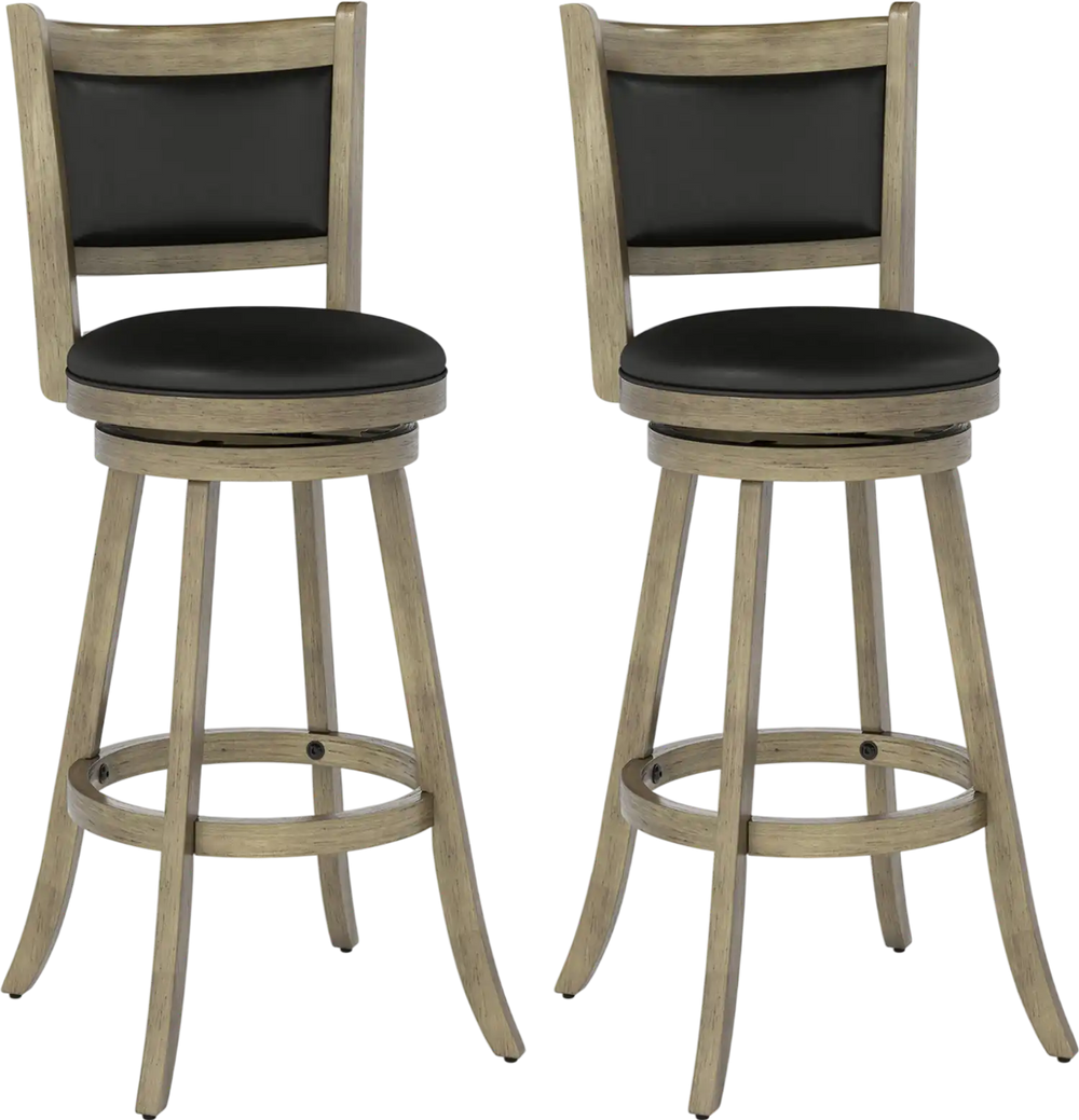 Set of 2 gray wooden swivel bar stools with PVC cushioned seats and panel back design for comfortable seating.