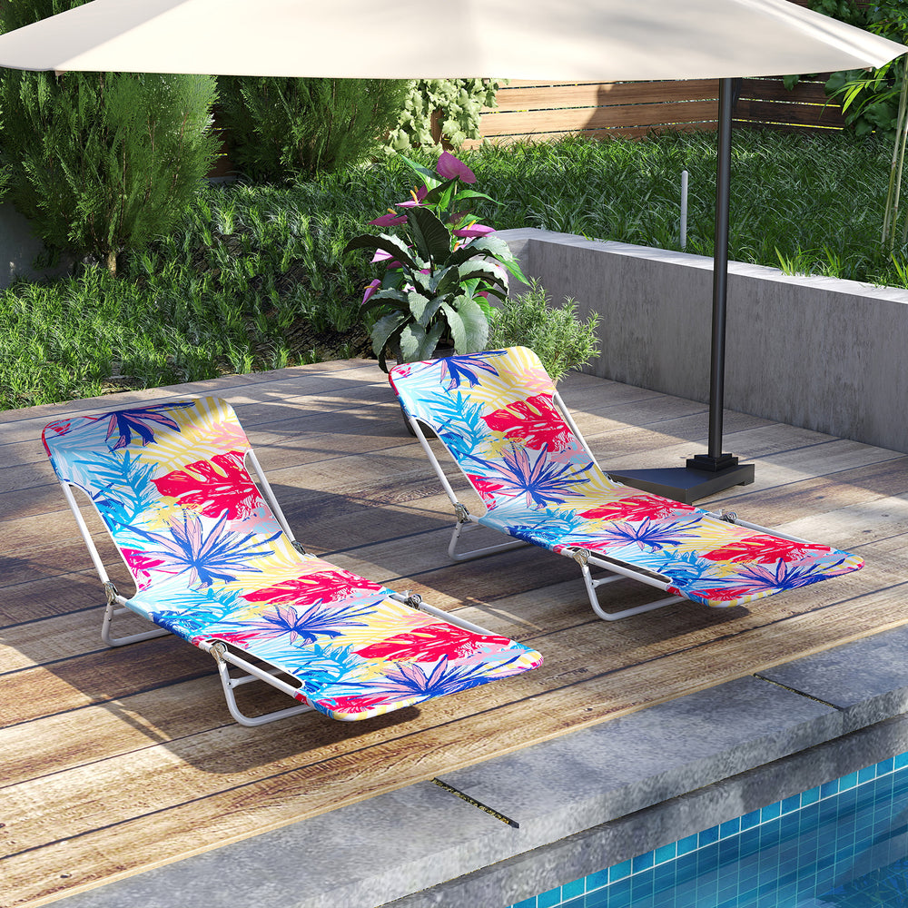 Two pink 5-position beach recliners with metal frames, perfect for poolside relaxation and easy transport.