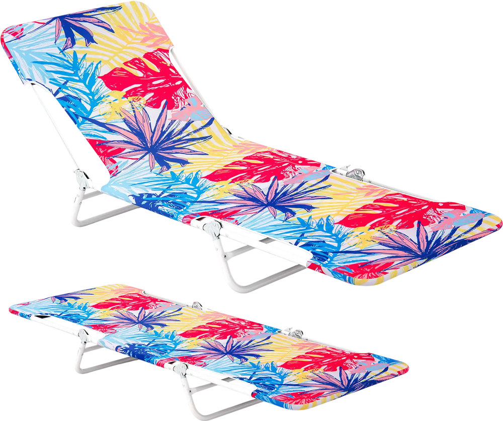 Adjustable 5-position beach recliner with vibrant floral design, foldable for easy transport, ideal for outdoor.