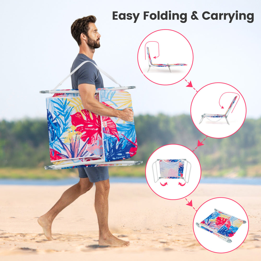 5-position adjustable beach recliner with carrying strap, featuring a durable metal frame and vibrant pink fabric for.
