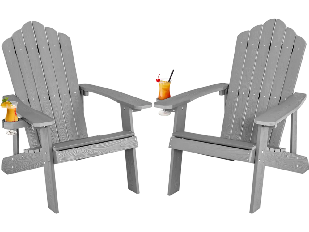 Two ergonomic silver Adirondack chairs with drink holders, perfect for porch and backyard relaxation.
