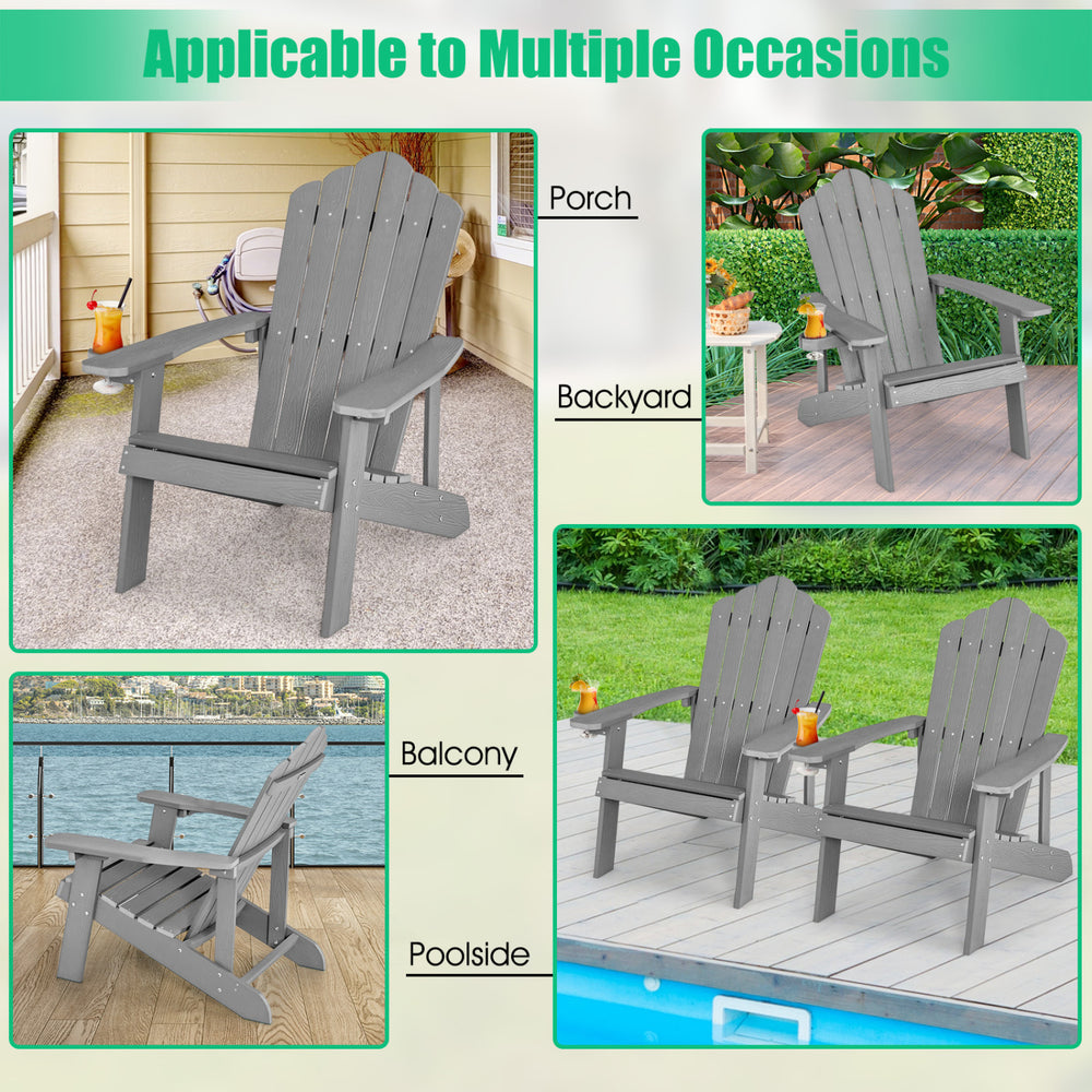 Two ergonomic silver Adirondack chairs shown in a backyard and poolside setting, perfect for outdoor relaxation.