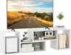 Adjustable white TV stand with two L-shaped shelves, designed for TVs up to 55 inches, featuring open storage cubes.