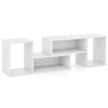 Adjustable white TV stand with L-shaped shelves, suitable for TVs up to 55 inches, featuring open storage cubes.