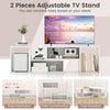 Adjustable white TV stand with two L-shaped shelves, expandable from 43.5" to 62.5", for TVs up to 55 inches.