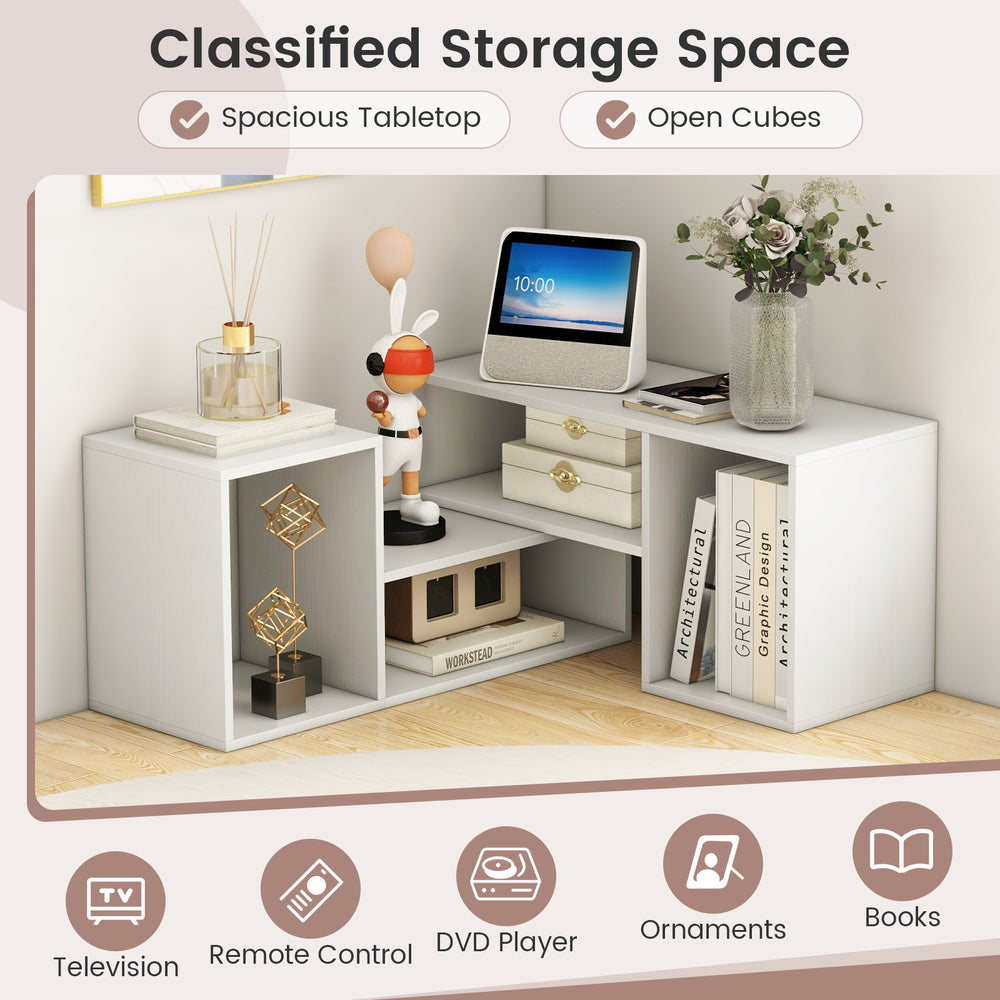 Adjustable white TV stand with spacious tabletop and open cubes for organized storage, suitable for TVs up to 55 inches.