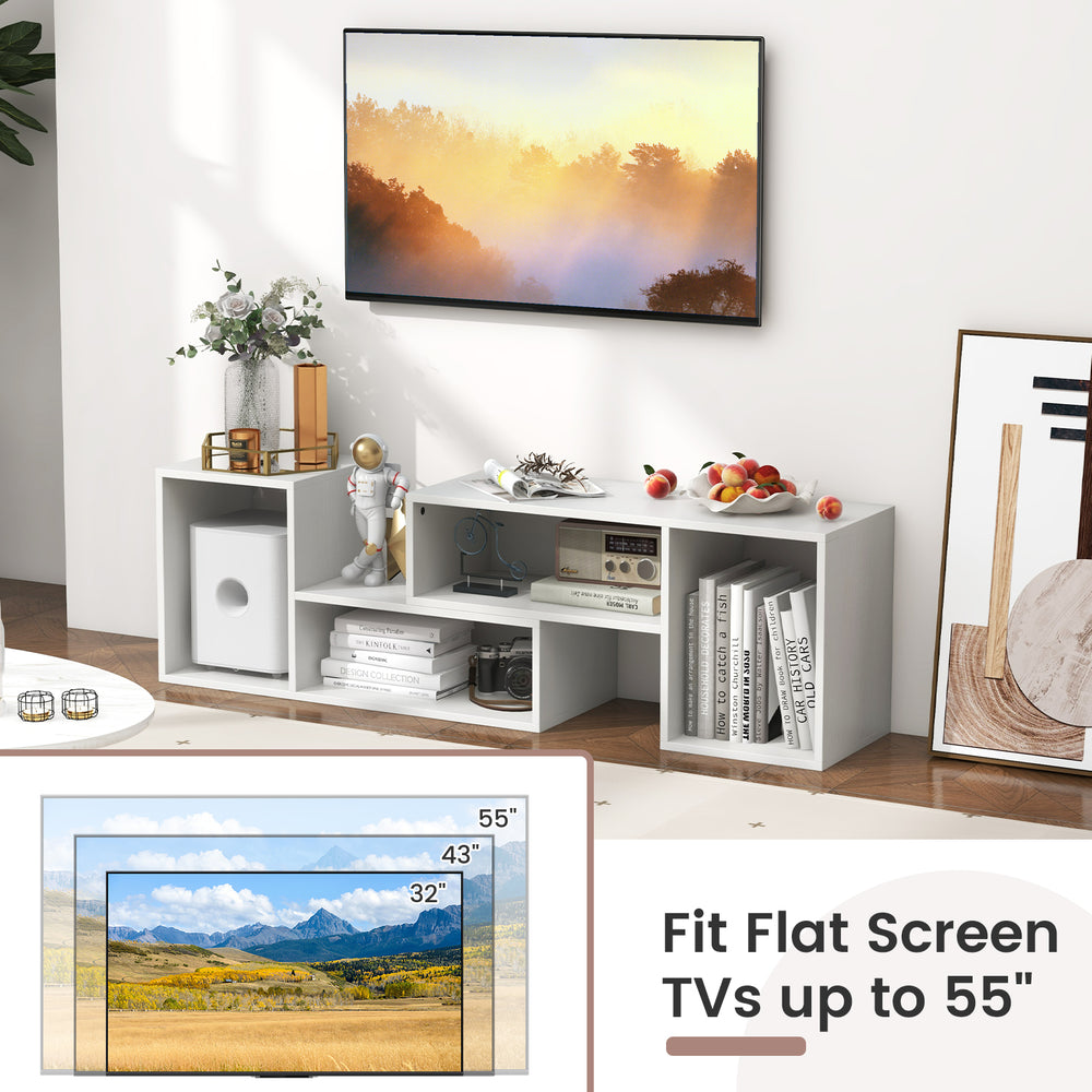 Adjustable white TV stand with storage cubes, fitting TVs up to 55 inches, ideal for modern living room setups.