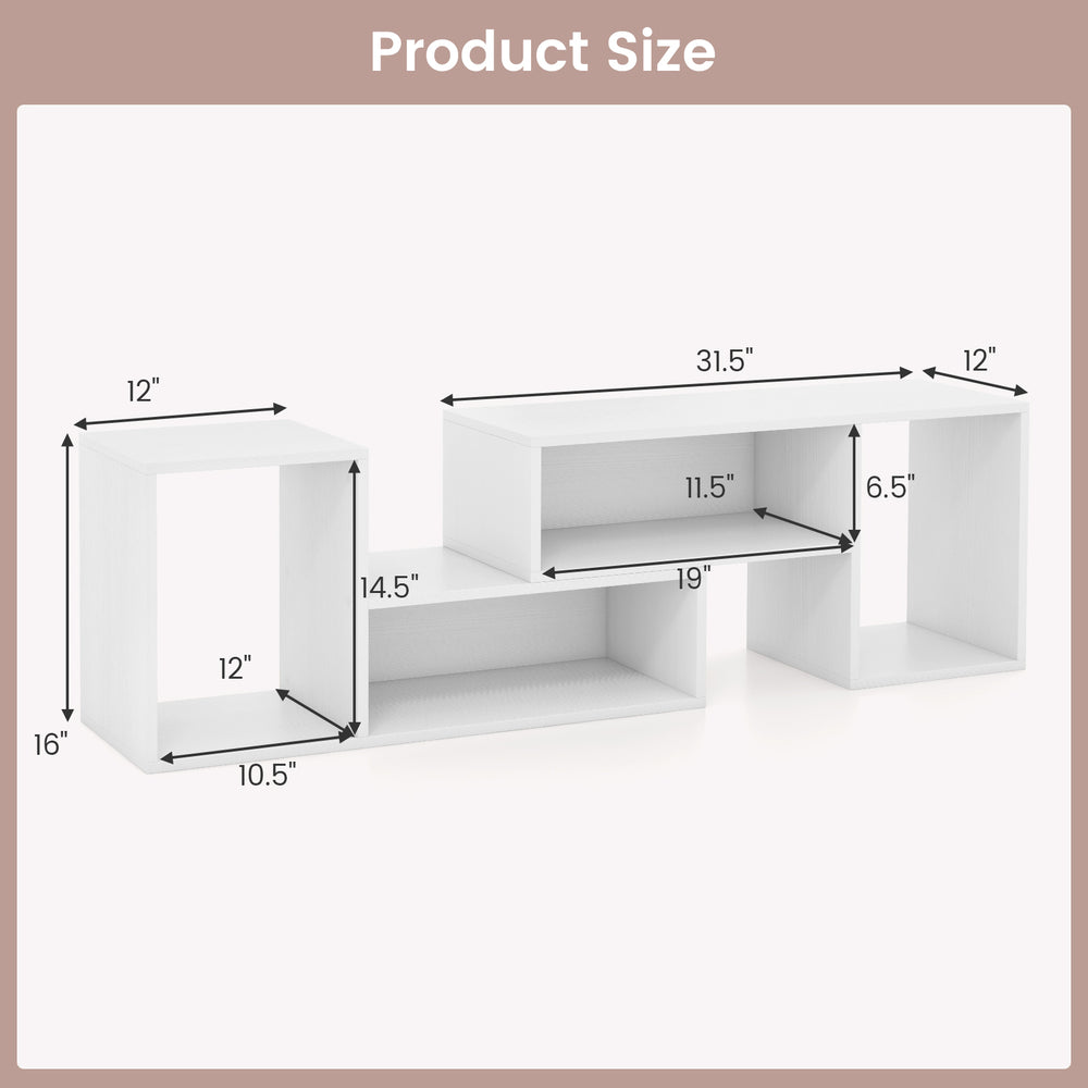 Adjustable white TV stand dimensions with two L-shaped shelves for TVs up to 55 inches and storage cubes.