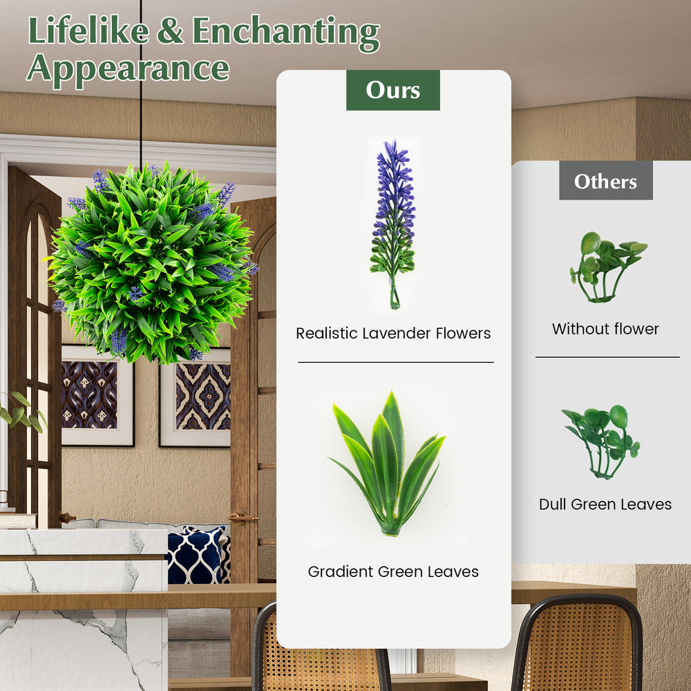 Artificial lavender topiary ball with realistic flowers and gradient green leaves, ideal for indoor or outdoor.