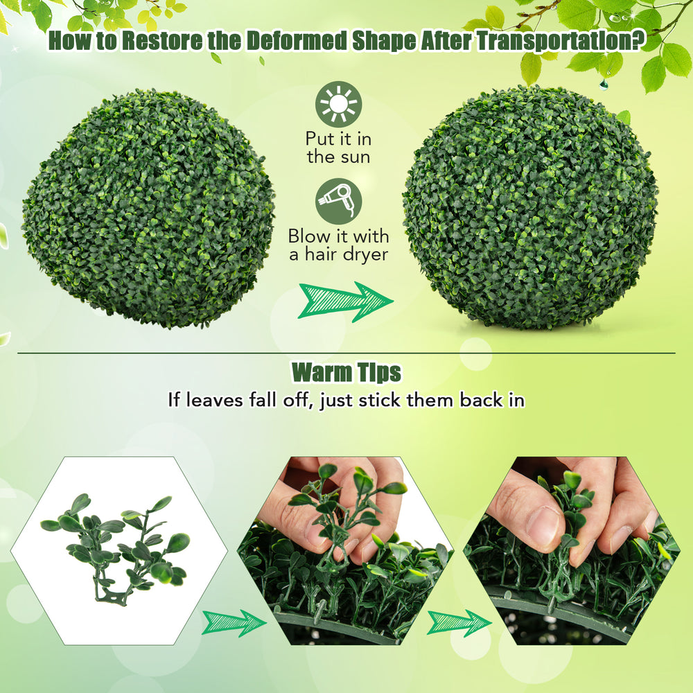 Two pieces of 16/20 inches artificial boxwood topiary balls with lush green leaves, perfect for patio or garden decor.