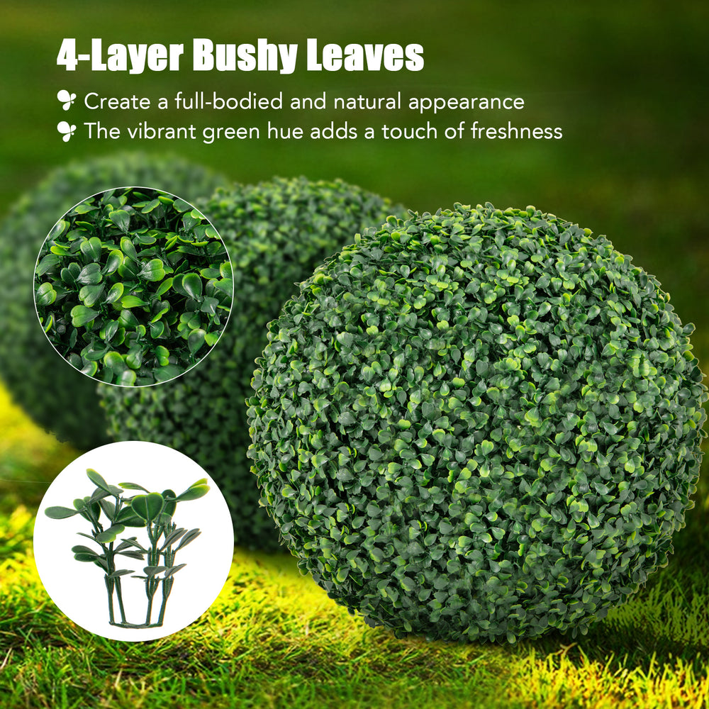 Artificial boxwood topiary balls with 4-layer lush leaves, vibrant green for patio or garden decoration.