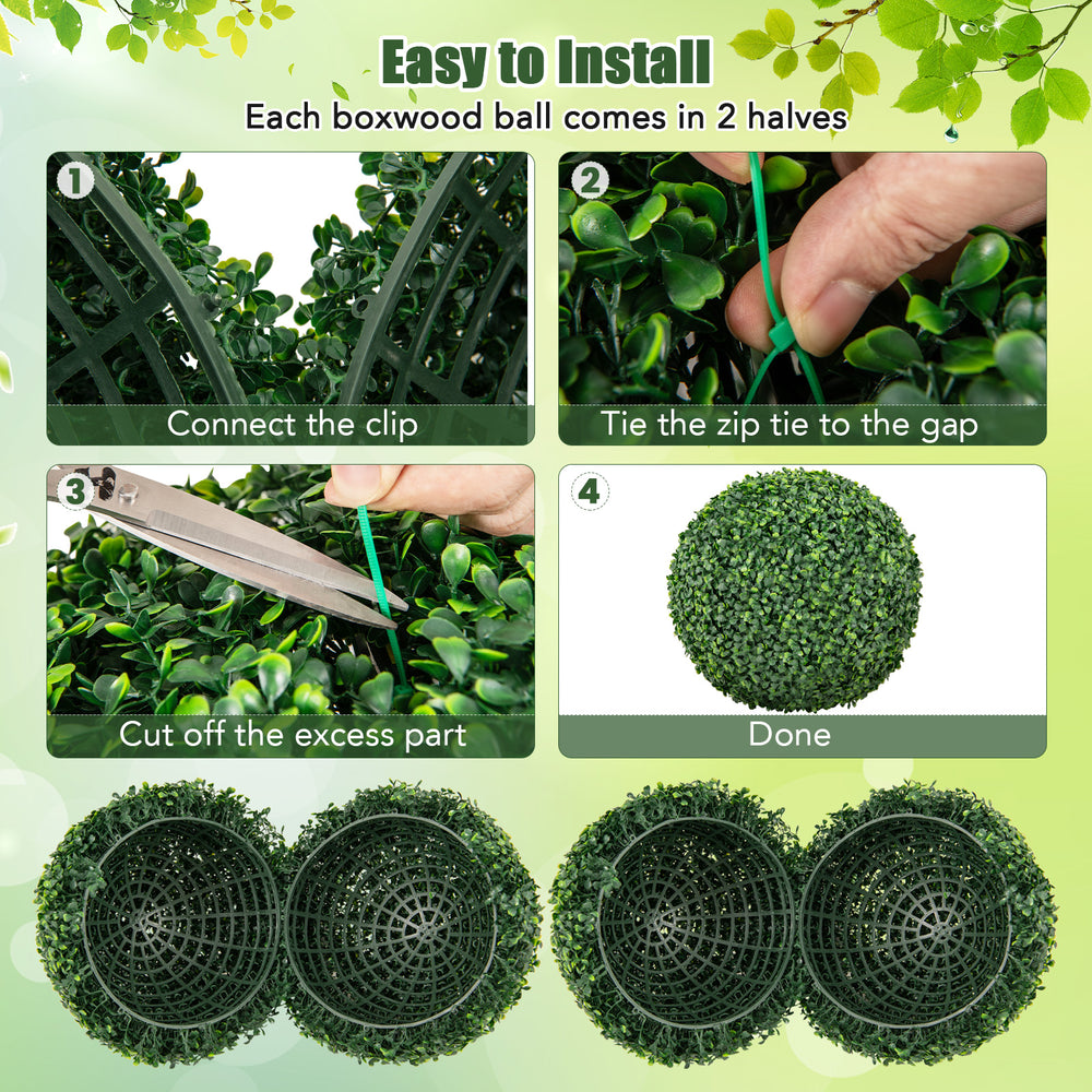 Two pieces of 16/20 inches artificial boxwood topiary balls with lush green leaves, ideal for patio and garden.