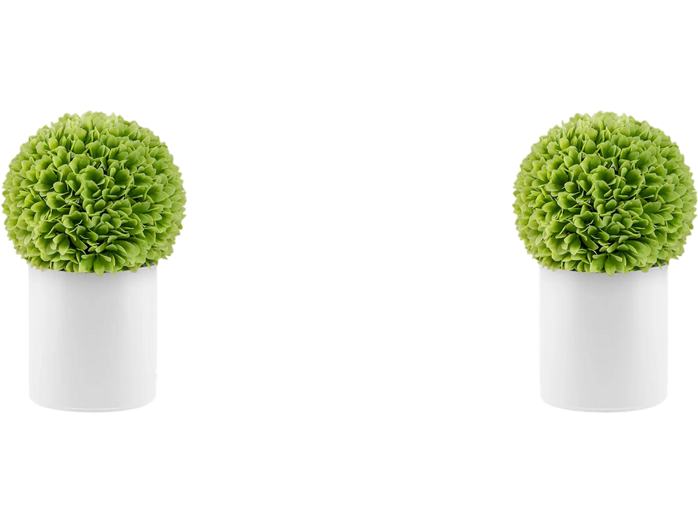 Two green artificial plant topiary balls in white pots, perfect for porch or balcony decoration.