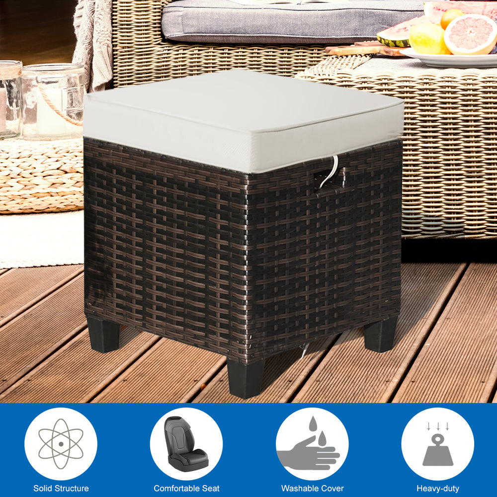 Rattan ottoman with removable beige cushion, sturdy steel frame, perfect for outdoor seating or as a coffee table.