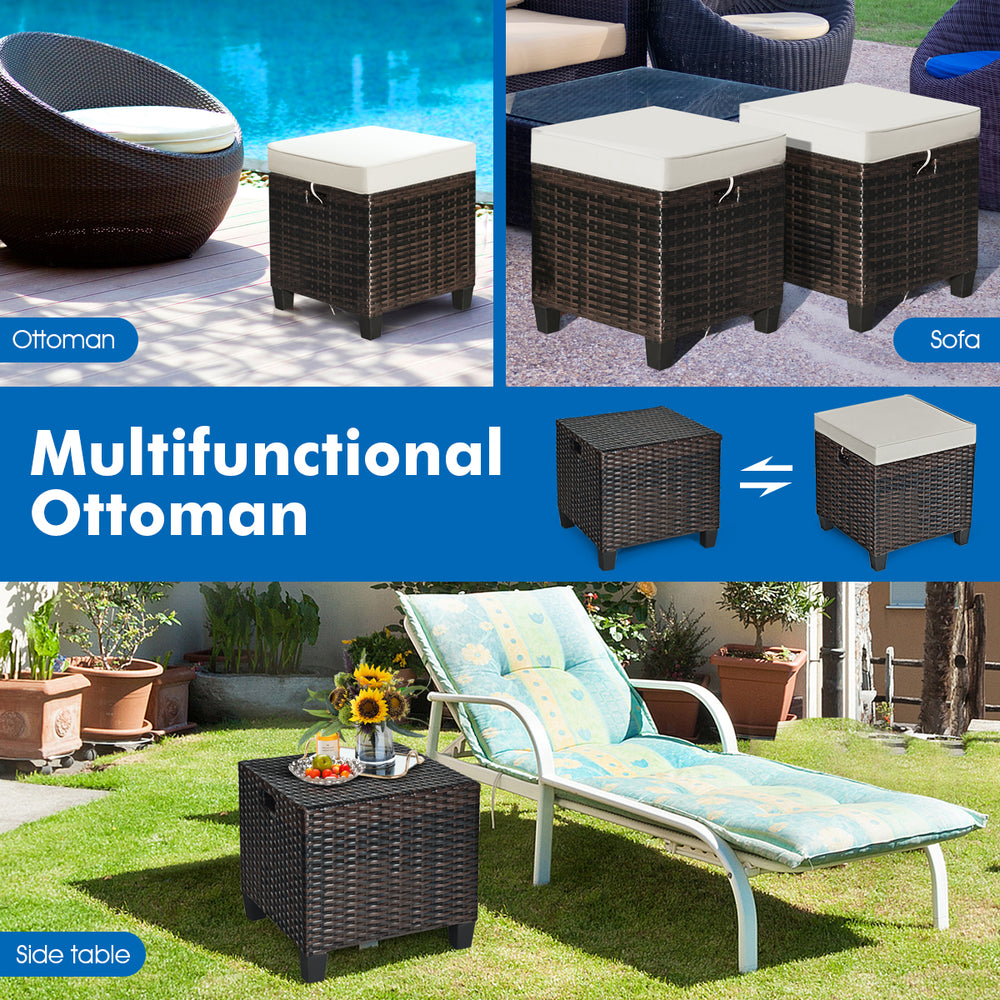 Multifunctional patio rattan ottoman set with removable beige cushions, ideal for seating or as a coffee table.