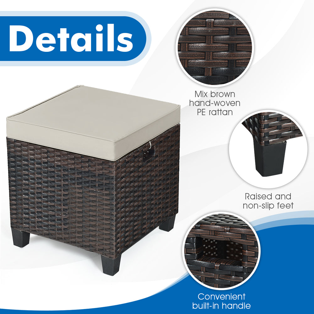 Brown PE rattan ottoman with removable beige cushion, featuring a sturdy frame and non-slip feet for outdoor use.