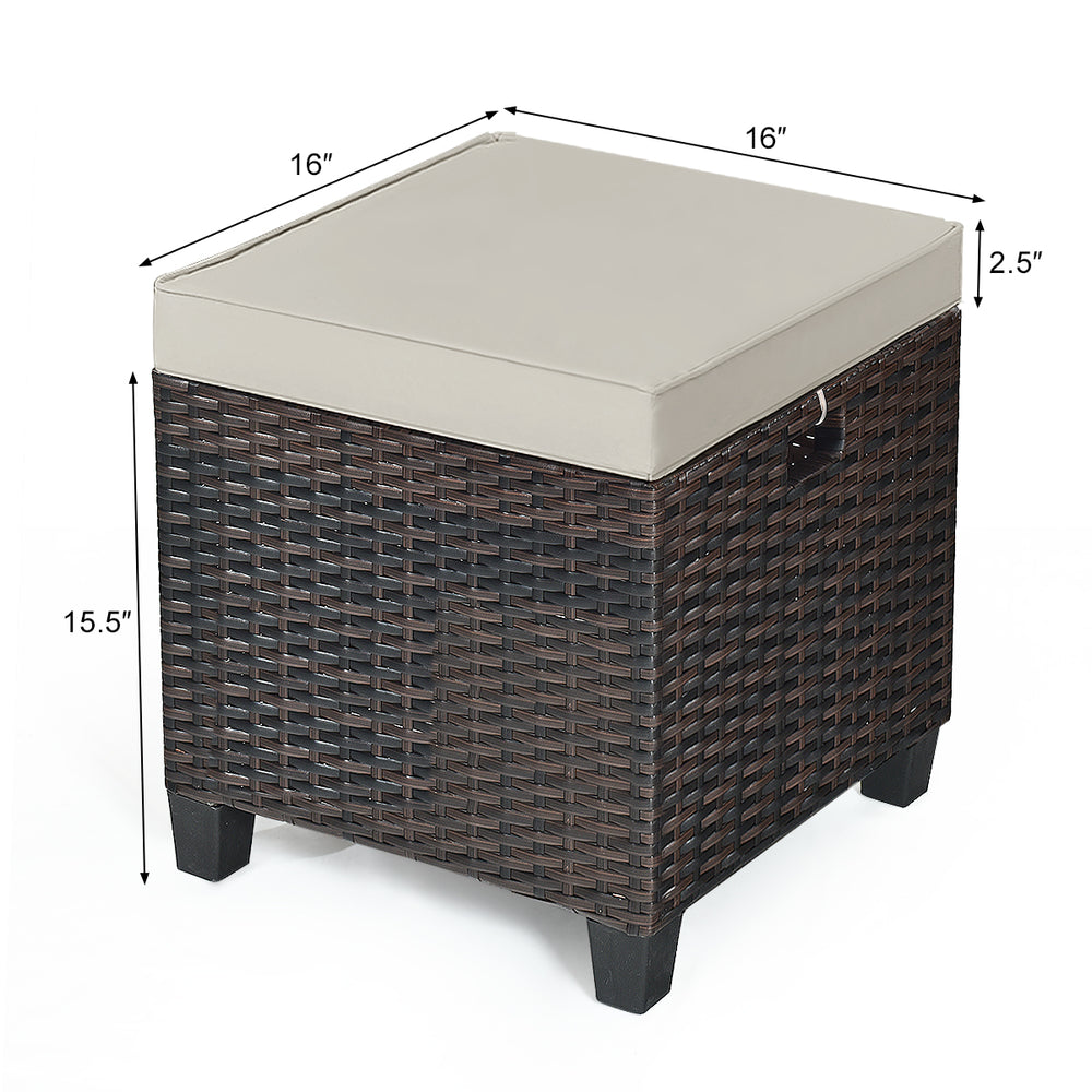 Square rattan ottoman with beige removable cushion, PE wicker, sturdy steel frame, ideal for outdoor seating or.