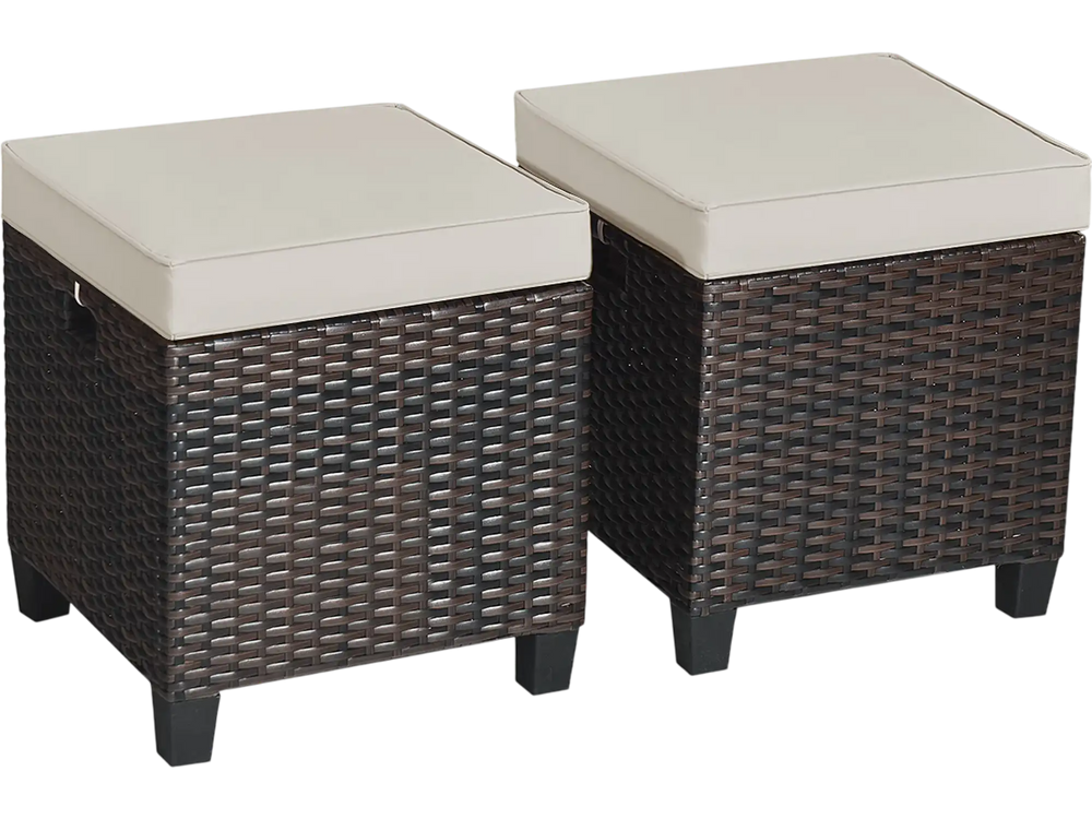 Two-piece patio rattan ottoman set with beige removable cushions, offering comfort and versatility for outdoor use.