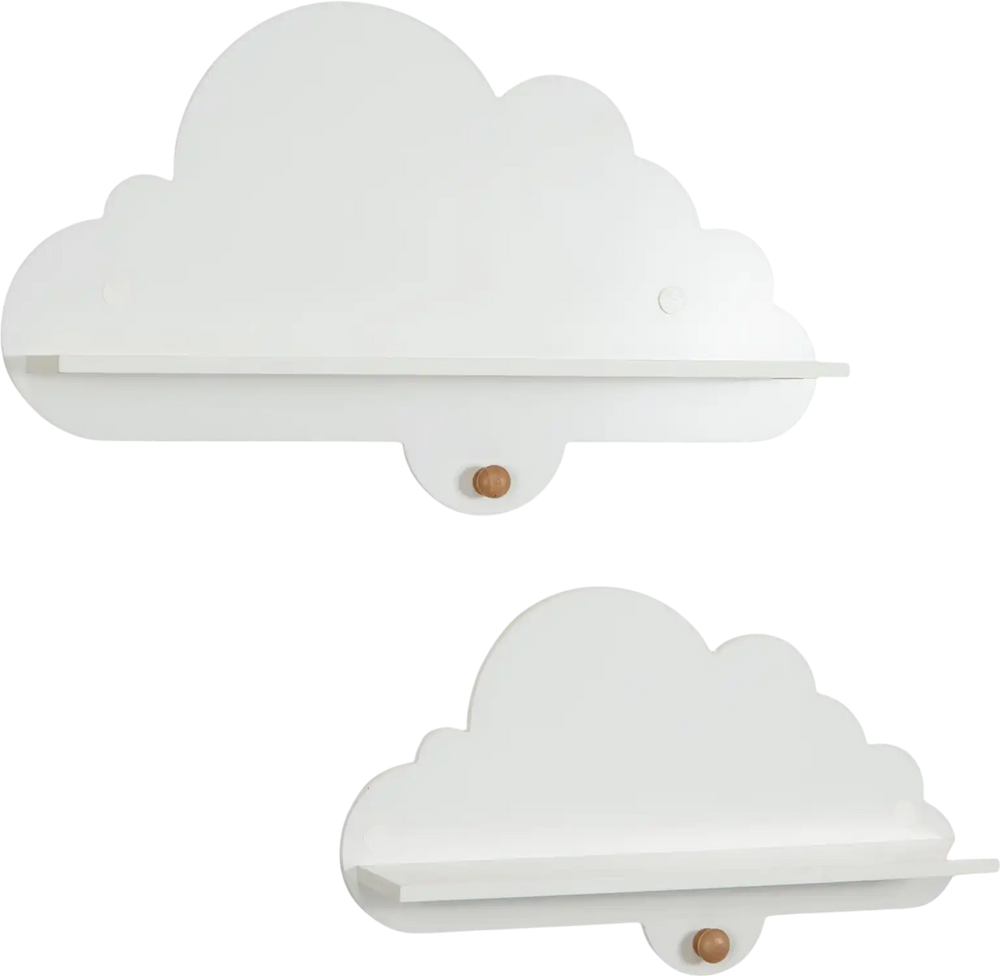 Set of 2 white floating cloud shelves with rounded edges, perfect for organizing books and toys in a child's room.