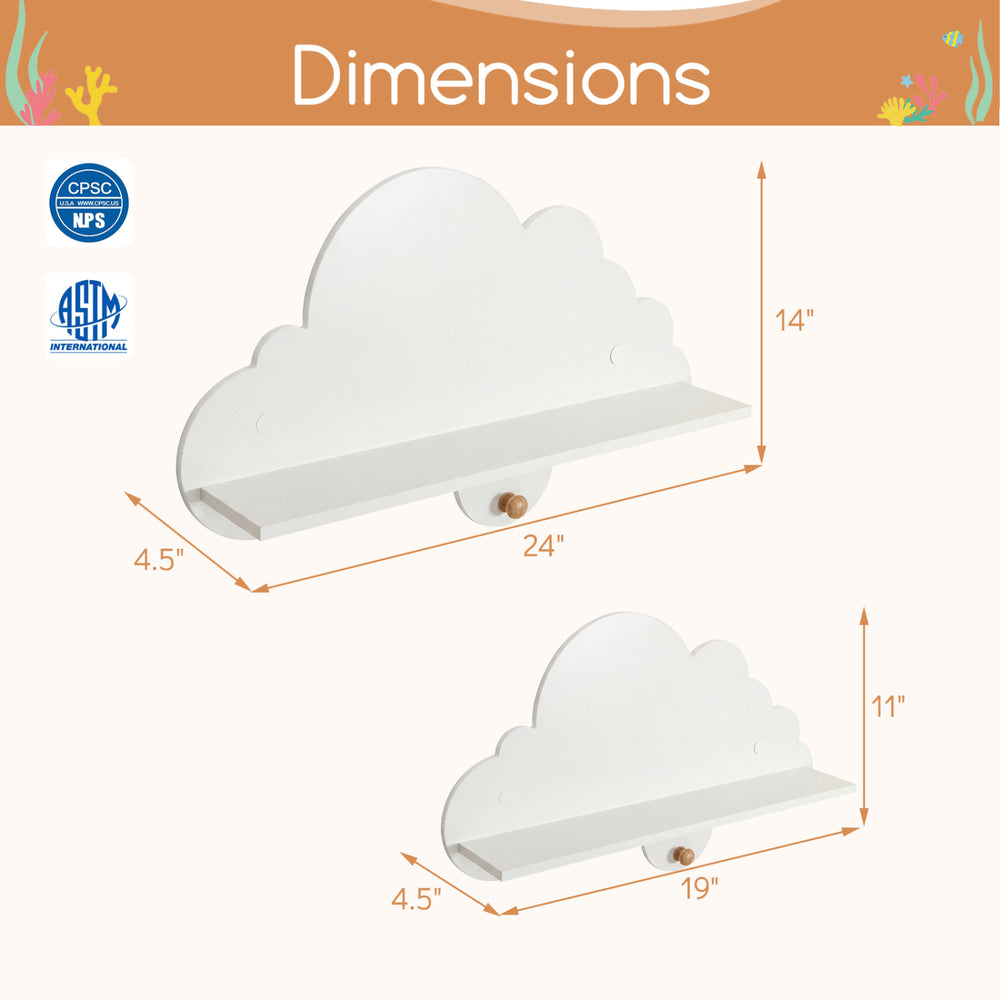 Cloud-shaped floating shelves in white, 24" and 19" sizes, perfect for organizing books and toys in a child's room.