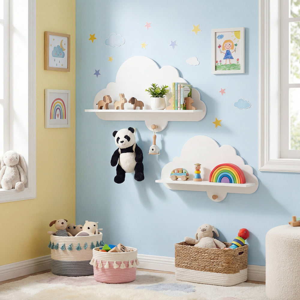 Floating cloud shelves in white for kids' rooms, perfect for organizing toys and books with a playful design.