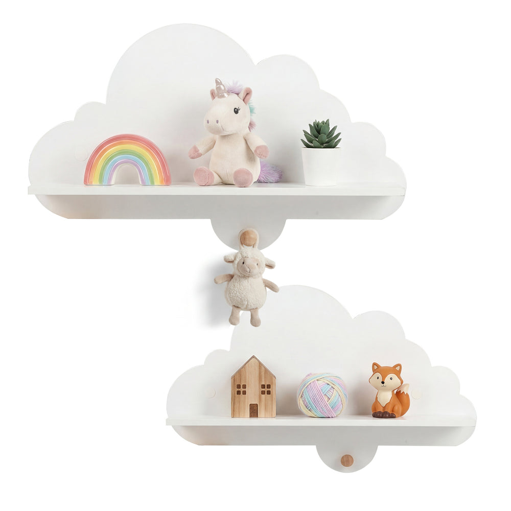 Floating cloud shelves in white, perfect for organizing toys and books in a playroom or nursery.