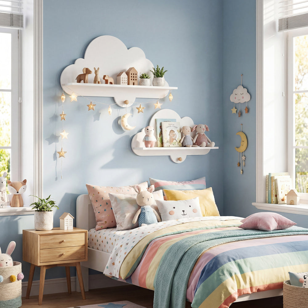 Floating cloud shelves in white, perfect for organizing books and toys in a cozy nursery or playroom.